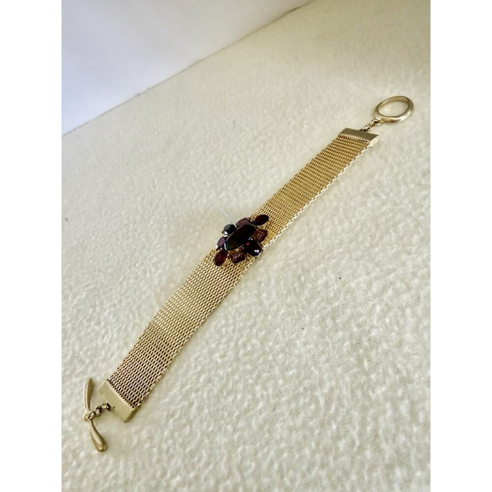 Vintage 80s Monet Signed Red Rhinestone Faux Ruby Garnet Gold Tone Bracelet EUC